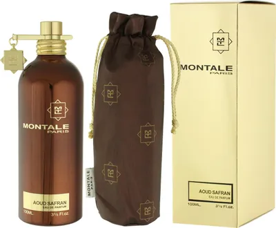 A bottle of Montale Aoud Safran Eau de Parfum, its protective pouch, and its packaging are displayed against a white background.