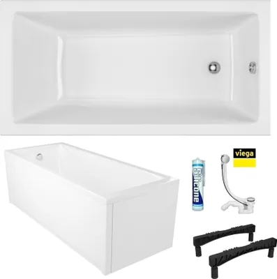 Produktbild von ECOLAM Badewanne Wave 180x80 cm + Schürze | große Wanne Acrylwanne Rechteck I Ablaufgarnitur VIEGA Füße Silikon Komplett-Set