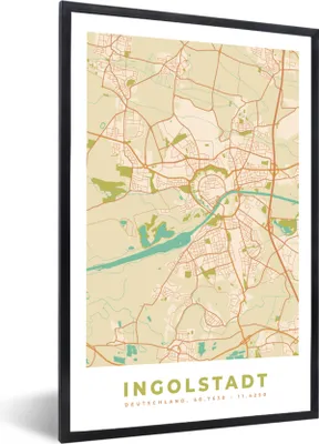 Produktbild von MuchoWow® Gerahmtes Poster Ingolstadt - Karte - Stadtplan - Vintage 20x30 cm - Poster mit Schwarzem Bilderrahmen Wandposter Rahmen Foto Bilder - Drucken - Bilder Poster im Rahmen