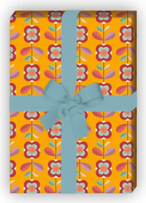 Produktbild von Retro Vintage Blumen Geschenkpapier orange, im 70er Jahre Stil - G12348, 32 x 48cm