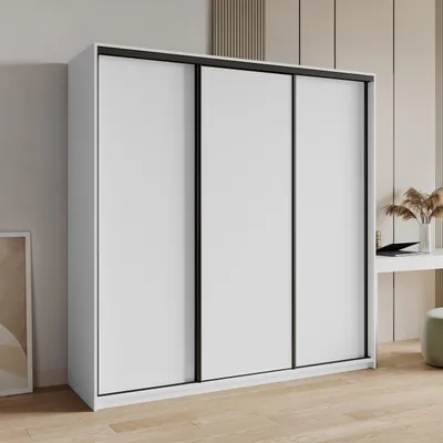Produktbild von Masseno Schiebetürenschrank NISSE 180/205/60 cm Kleiderschrank mit 4 Schubladen Schlafzimmer Schrank 3-türig Weiß