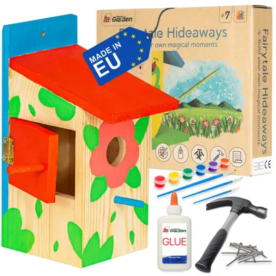 Produktbild von ITA DIY Nistkasten zum Zusammenbauen und Bemalen TreeTopTreat - Vogelhaus Komplett Bausatz mit Hammer, Nägeln, Farben zum Bauen und Malen für Kinder - Bastelset für Jungen & Mädchen - Vogelhäuschen