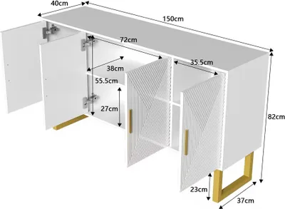 Immagine prodotto di mobile da cucina okwish con ampio spazio di archiviazione, mobile con ante in texture lucida e maniglie dorate, tavolo a cassetti per il soggiorno, 150x40x82 cm, bianco