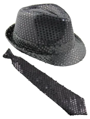 Produktbild von Pailletten Kostüm Set - Schwarz - Hut & Krawatte