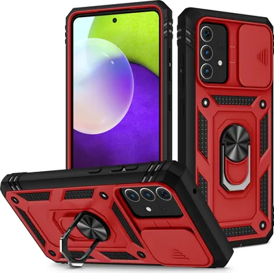 Image de Etui pour Samsung Galaxy A52 5G / 4G protection coulissante de l'appareil photo, résistant aux chocs, avec porte-anneau, support et porte-cartes Rouge