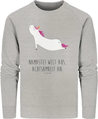 Produktbild von Mr. & Mrs. Panda Baumwoll Pullover Einhorn Yoga Größe XS - Heather Grey - Geschenk, Unicorn, Sweater, Einhörner, Sweatshirt, Sport, Namaste, Pulli, Entspannung