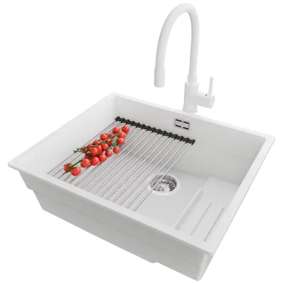 Produktbild von PRIMAGRAN Granitspüle Weiß 56x47cm, Spülbecken 1 Becken + Küchenarmatur 38x14cm + Ablauf-Set + Küchenzubehörset, Küchenspüle ab 60er Unterschrank - Praga Slim