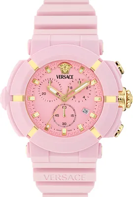 A pink Versace analog watch with gold accents, shown from the front against a white background.