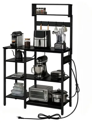 Produktbild von Relaxdays Küchenregal mit Steckdose & USB, HBT: 151x82x40 cm, Mikrowellen-Regal, Standregal, Holzoptik, Metall, schwarz