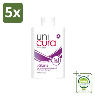 Imagen del producto de 5 unidades de recambio de jabón líquido Unicura Balans, 250 ml cada uno. Paquete grande