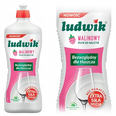 Two bottles of Ludwik raspberry dish soap.