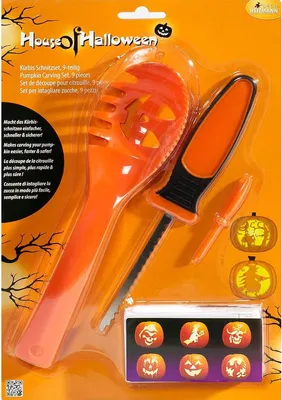 Produktbild von Halloween Kürbis Schnitzset / Werkzeug Säge, Löffel, Bohrer und Vorlagen (Orange)