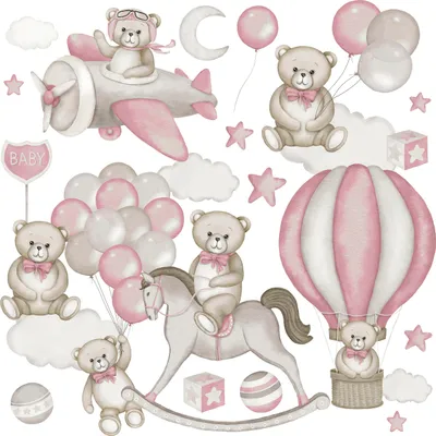Produktbild von Muralo Wandsticker Set für Kinder TEDDYBÄREN Ballons Wolken Sterne Br. 120cm x Hö. 60cm - Wandtattoos Set für Babyzimmer