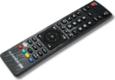A black remote control with various buttons is shown against a white background.