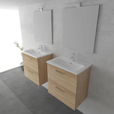 Produktbild von Vitra Wandschrank Bad Set | Keramik Waschbecken mit Badezimmerschrank | Bad Möbel Eiche Hell | Waschtisch Set mit Badspiegel | Sanikeramik Waschplatz und Badschrank und Spiegel LED