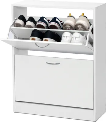 A white shoe cabinet with two flip-down doors, each containing shoes.