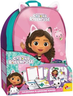 A product box for a Gabby's Dollhouse coloring and drawing school set, featuring a backpack and art supplies.