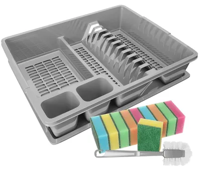Produktbild von WELLGRO Abtropfgestell aus Kunststoff mit Reinigungsbürste und 10 Schwämmen - 44x35x9 cm (LxBxH) - Schale Geschirrkorb Abtropfkorb Abtropfgitter für Spüle  Europe