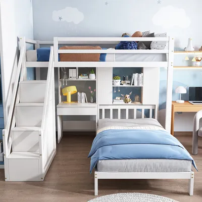 Produktbild von Etagenbett mit Schreibtisch und Regale Multifunktionales Kinderbett Hausbett Jugendbett Doppelbett 90*200cm Weiß