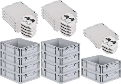 Produktbild von SuperSparSet 10x Eurobox NextGen Grip mit Scharnierdeckel und schwarzen Schiebeschnappverschlüssen | HxBxT 12x30x40cm | 11 Liter | Grau | Griffe geschlossen | Glatter Boden | Eurobehälter, Transportbox, Transportbehälter, Stapelbehälter