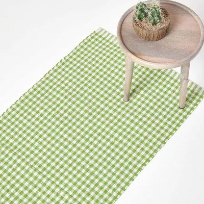 Produktbild von Waschbarer Teppich mit Gingham-Karomuster, 66 x 200 cm, 100 % reine Baumwolle, grünes Karomuster