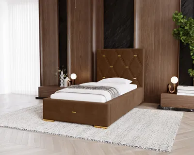 Produktbild von Polsterbett Golden Premium 90x200 cm, Bett mit Kopfteil, Doppelbett mit Bettkasten, Matratze und Lattenrost aus Holz, Velourstoff: Dunkelbraun