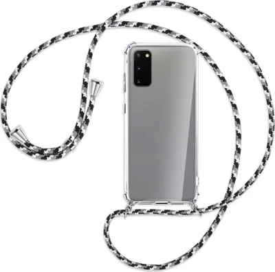 Produktbild von Handykette Backcover-Schutzhülle mit Band (Metall silberfarben) für Samsung Galaxy S20 (G980) - schwarz/grau/weiß