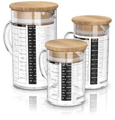 Produktbild von Arendo - Messbecher Set aus Glas - Größen 350ml, 500ml, 1000ml (0,35l 0,5l 1l) – Messkrug Glas Krug – Borosilikatglas – präzise Skala – hitzebeständig – Glasbehälter mit Bambusdeckel - Silikondichtung