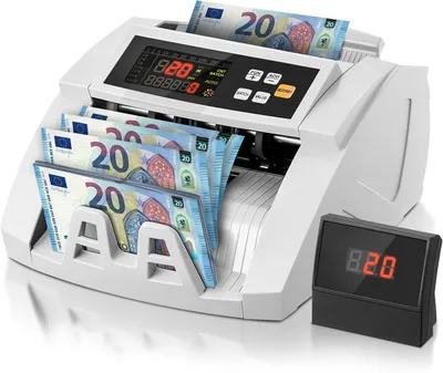 Immagine prodotto di Contatore di banconote professionale, dotato di sistemi di rilevamento di contraffazioni UV/MG/IR/DD, con una capacità di 1100 banconote al minuto, display LCD e modalità di conteggio del valore e per gruppi, ideale per ottimizzare i processi di cassa