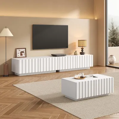 Zdjęcie produktu dla Zestaw do salonu Merax z wzorem falistym, szafka pod telewizor + stolik kawowy, nowoczesny zestaw do przechowywania z 6 szufladami, meble do salonu z MDF i PB, kolor biały