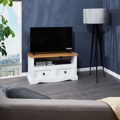 Produktbild von TV Lowboard CAMPO 100cm Fernsehtisch Mexiko Stil Kiefer massiv, 2 Schubladen, 1 offenes Fach braun/weiß