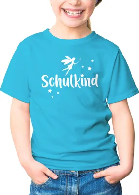 Produktbild von Kinder T-Shirt Mädchen Schulkind Zauber-Fee Zauberstab Sterne Geschenk zur Einschulung Schulanfang Moonworks® türkis 110-116 (5-6 Jahre)