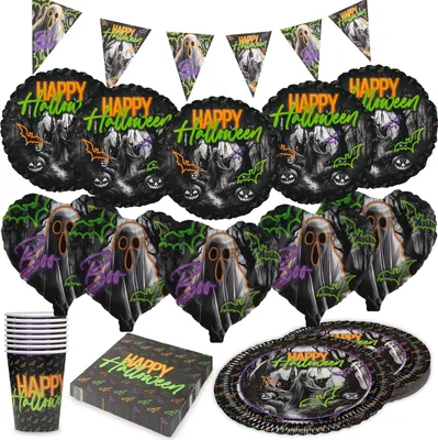 Produktbild von Halloween Neon – 47-teiliges Set mit Tellern, Bechern, Servietten & 10 Folienballons