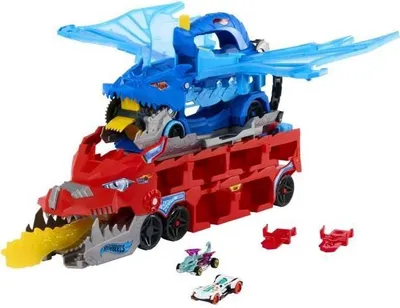 Produktbild von Hot Wheels City Dragons 2-in-1 Transporter, Inklusive 2 Die-Cast Fahrzeuge, Spielzeug aus Kunststoff, 4+ Jahre