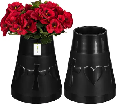 Produktbild von 2 Stück Friedhofsvase in Kegelform Grabstein Grabdekoration Grabsteckvase Blumenvase mit Herz- und Kreuzdekor H 25,5 cm Ø 11 cm Graphit Grabblumenkompositionen für lebende und künstliche Blumen