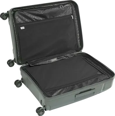 An open suitcase with its interior visible, showing compartments and lining.
