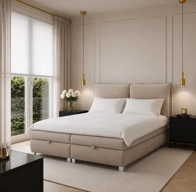 Produktbild von Boxspringbett TOGO-160x200cm Bettkästen|Topper|Doppelbett|Polsterbett|eleganten weichen Kissendesign|silbernen 8 cm Beinen-Dunkelbeige