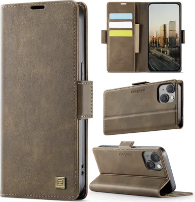 Image de Étui en cuir pour iPhone 15, protection RFID, fermeture magnétique, fentes pour cartes et support Marron