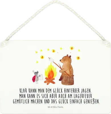 Produktbild von Mr. & Mrs. Panda Schild Bär & Marienkäfer Lagerfeuer DIN A4 - Weiß - Geschenk, wandtafel, Teddy, Wandbild Holz, Türschild, kleine aufmerksamkeit, holzbild