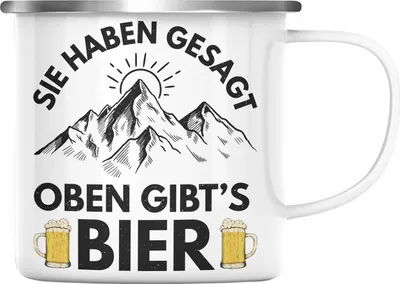 Produktbild von Trendation - Wandern Emaille Tasse Geschenk Sie Haben Gesagt Oben Gibts Bier Geschenk Berge Wanderer Geschenkidee (Silber)