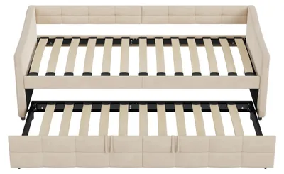 Image de Canapé-lit en velours - Lit de jour - 90 x 200 cm - Convertible en lit d'appoint - Sommier à lattes - Sans matelas - Beige