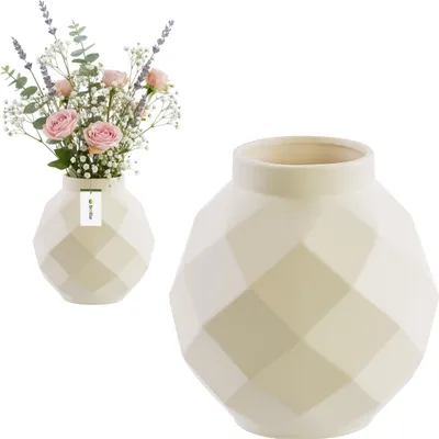 Image de Vase en céramique cuite à la main motif tridimensionnel moderne élégant blanc mat Ø11 H22 cm - décoration élégante, vase spacieux pour vos fleurs,inspiration florale, bouquets vivants