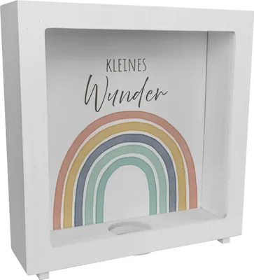 Produktbild von Regenbogen Rahmen Spardose aus Holz mit Spruch Kleines Wunder