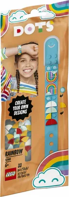 The image shows the packaging of a LEGO DOTs Schmuck bracelet kit with a child modeling the bracelet.