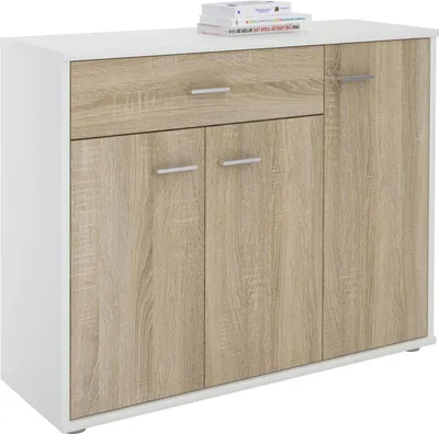 A white and wood-tone sideboard with three doors and one drawer, shown from the front.
