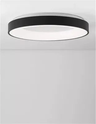 A modern, circular ceiling light with a black outer rim and a white inner light source, mounted on a white ceiling.