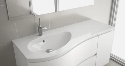 A modern white bathroom vanity with a sink and faucet.