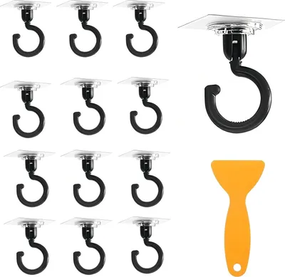 Produktbild von 12 Stücke 360° Drehen Klebehaken mit 1 Schaber, Selbstklebend Deckenhaken Ohne Bohren -Max Belastung 3kg- Wasserdicht Handtuchhaken Nicht Markierender Wandhaken Ideal für Bad Küche Büro (Schwarz)