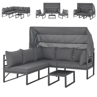 Produktbild von SVITA MAUI Gartenmöbel-Lounge-Set mit Dach Outdoor-Sofa Strandkorb-Sonneninsel Stahl Grau