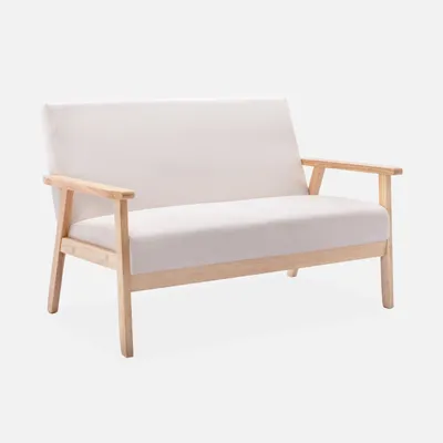 A beige two-seater sofa with wooden legs and arms is shown against a plain white background.